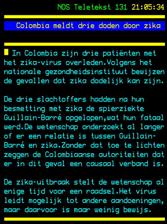 Zika-virus, Teletekst 5-2-2016