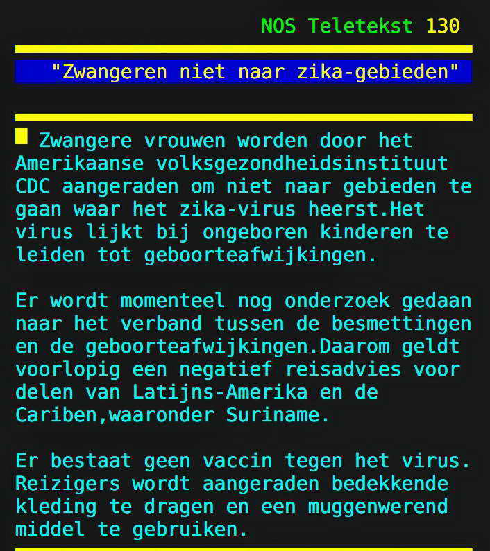 Zika-virus, Teletekst 16-1-2016